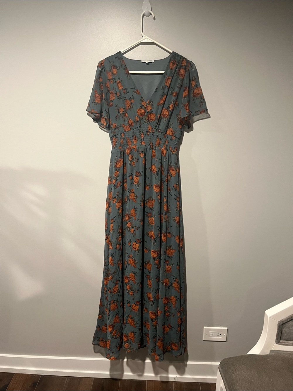 Baltic Born Birdie Maxi Dress Floral Green Rust Size Small Boho Flutter Sleeve